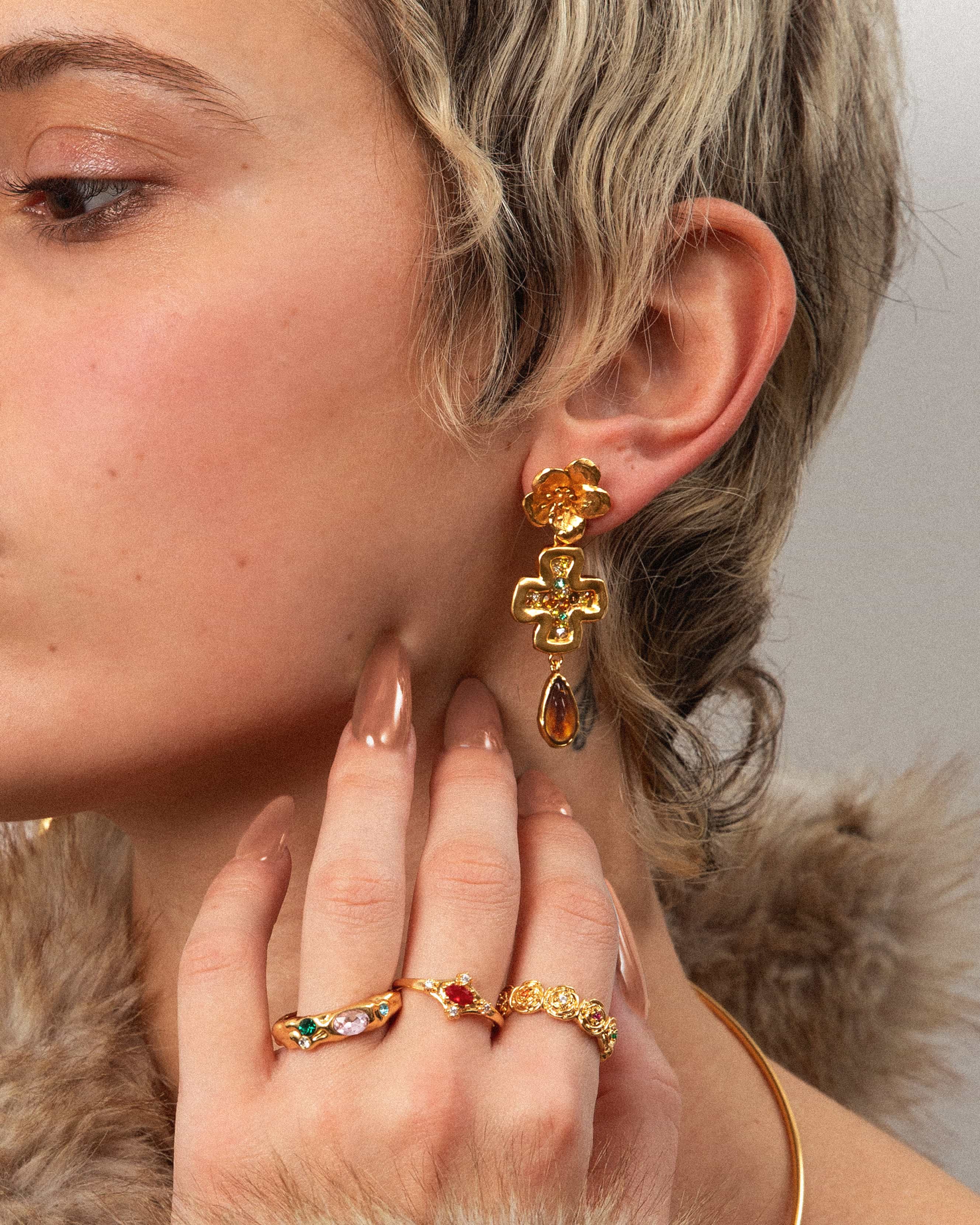 Amber Dew Floral Cross Earrings - Image 3