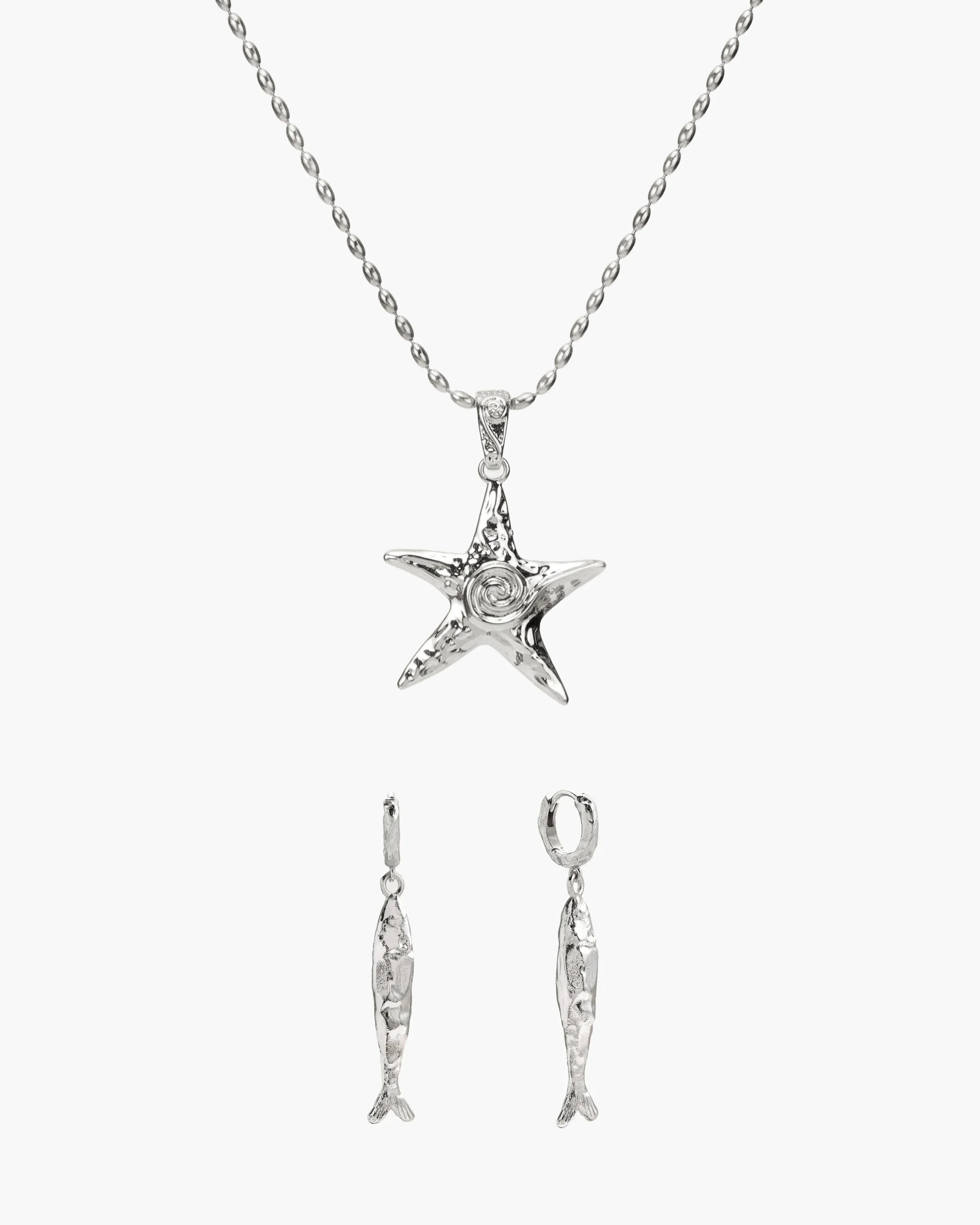Anchovy Earrings & Starfish Necklace Set in Silver