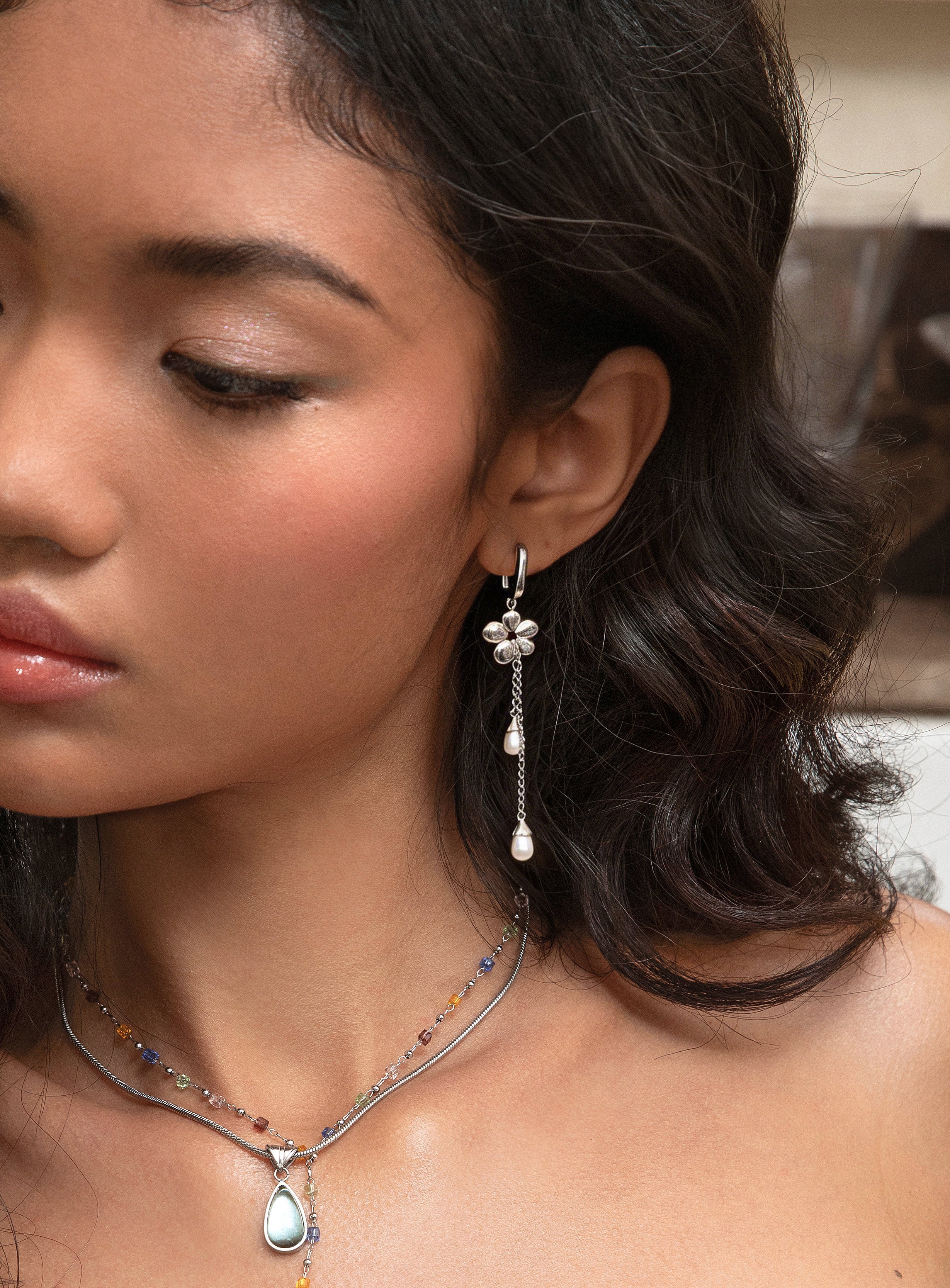 Camille Flower Drop Earrings in Silver - Image 2