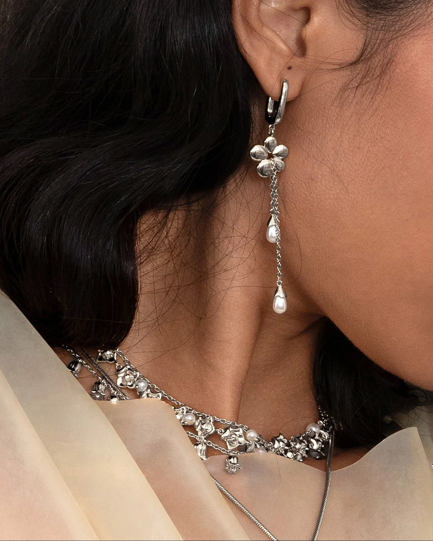 Camille Flower Drop Earrings in Silver - Image 3