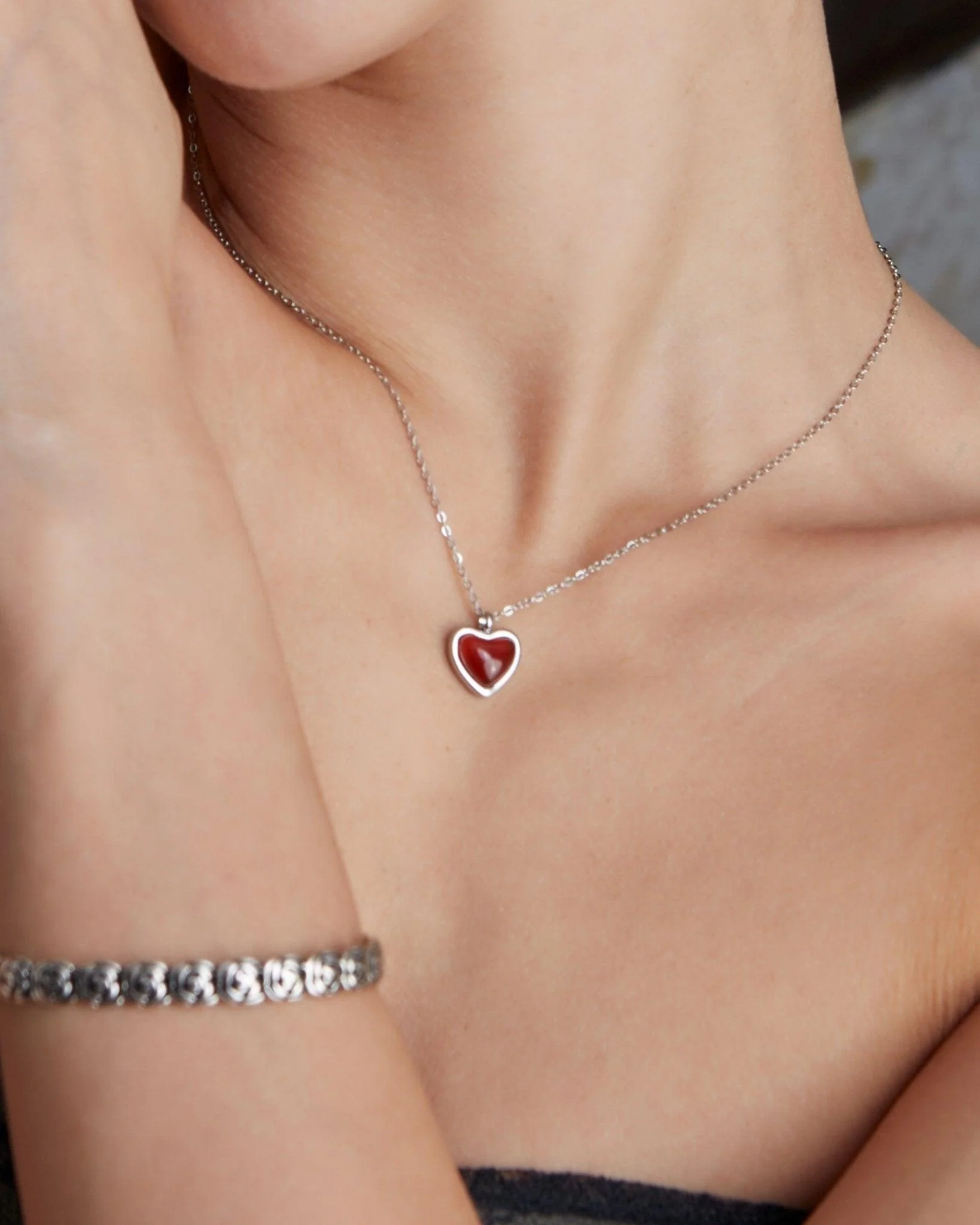 Carnelian Stone Heart Necklace in Silver - Image 2