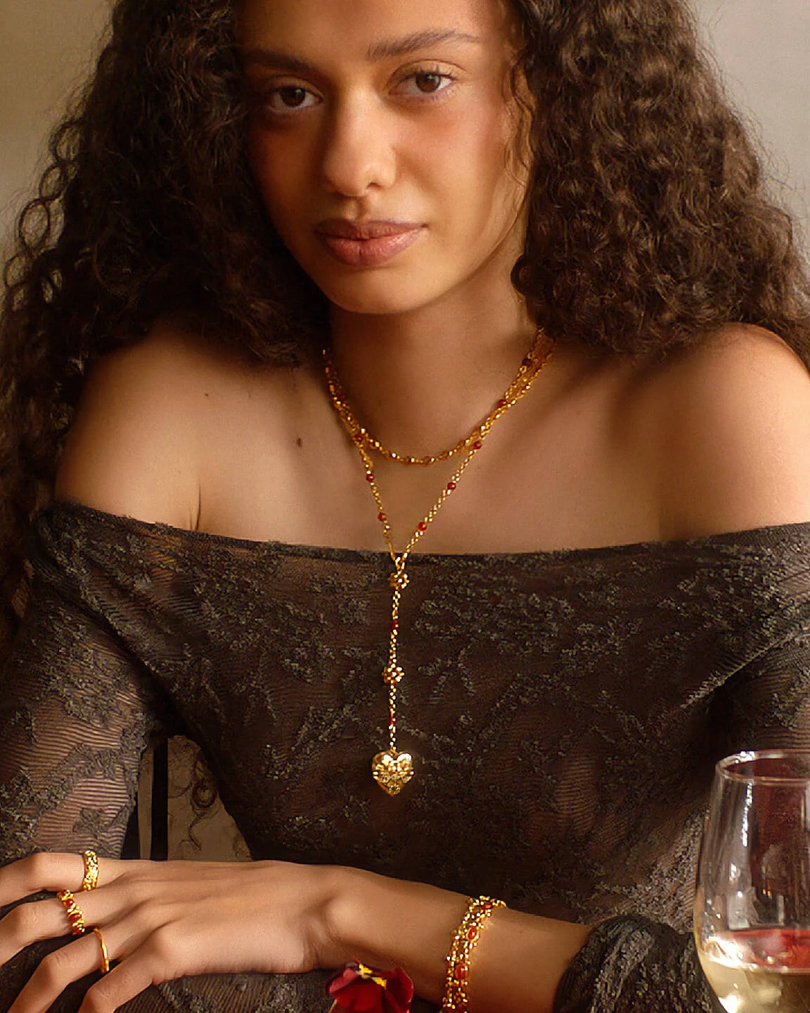 Carnelian Veil Lariat Necklace in Gold - Image 2