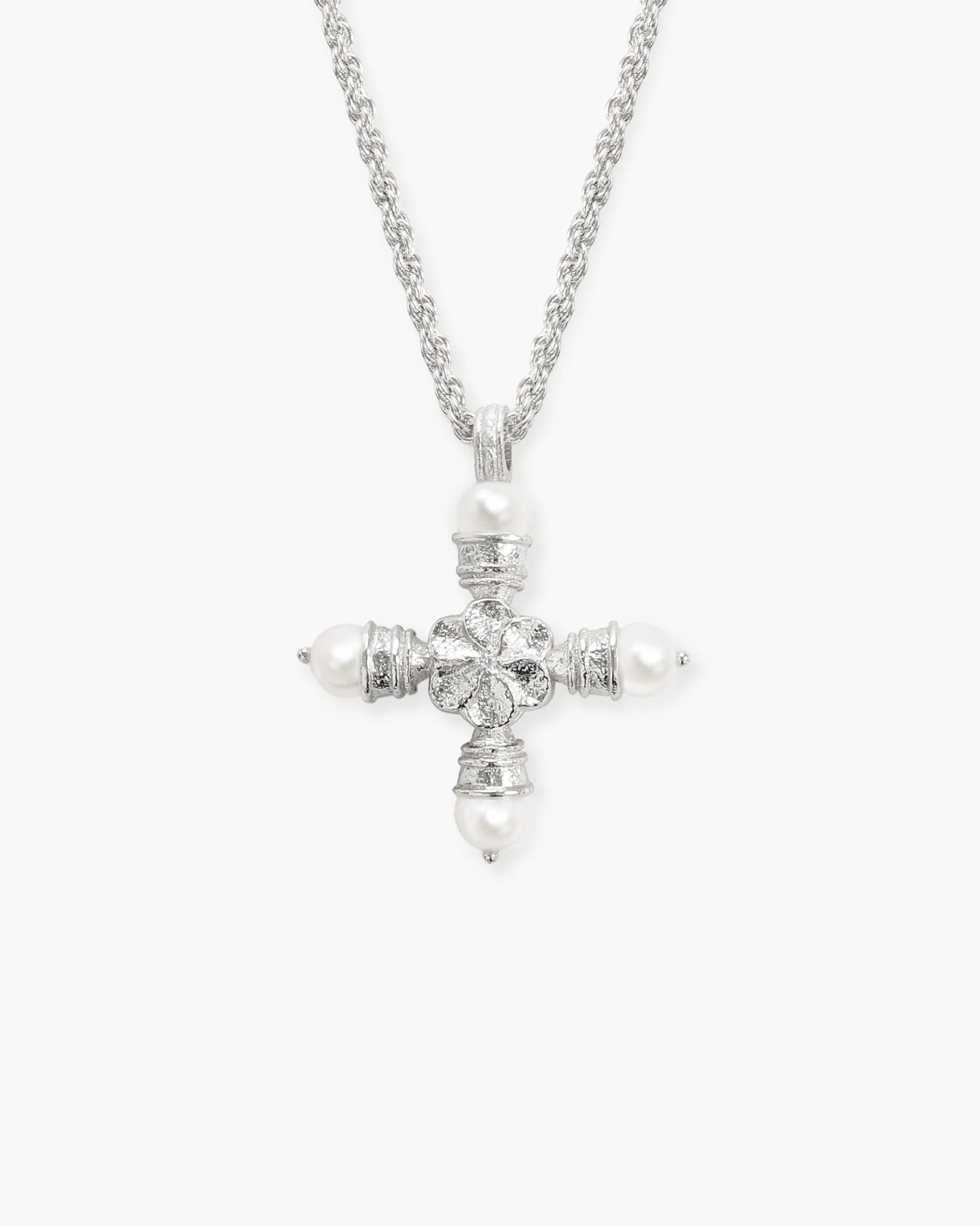 Florence Pearl Cross Necklace in Silver - Image 5
