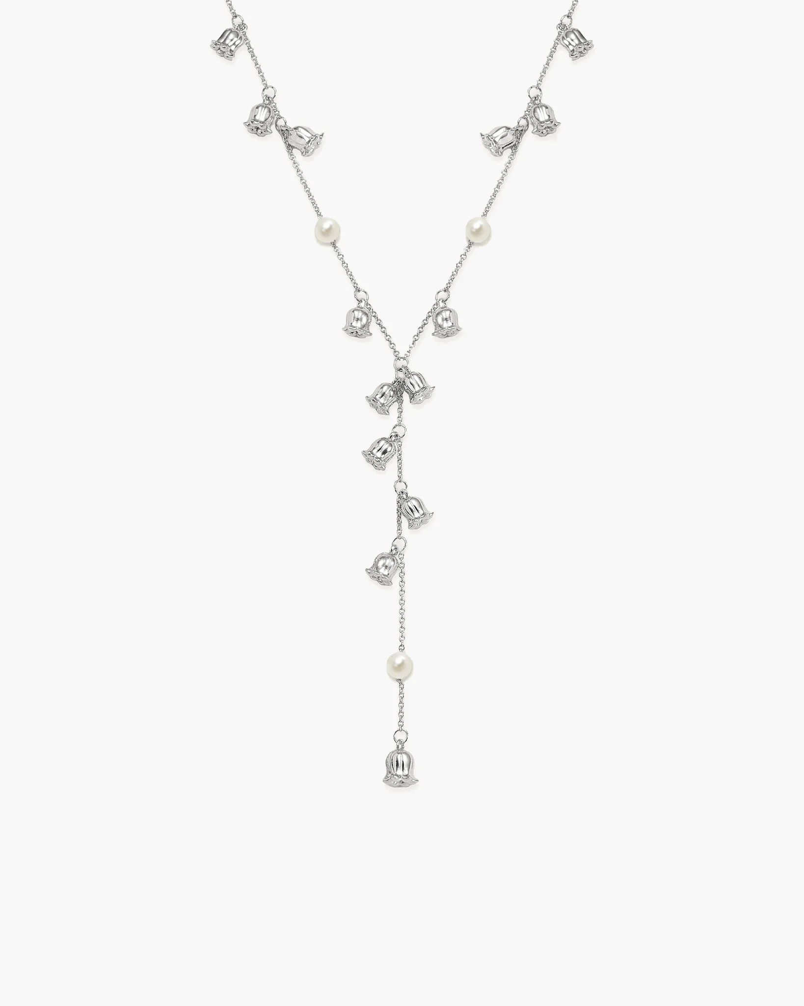 Lily of the Valley Pearl Lariat Necklace in Silver