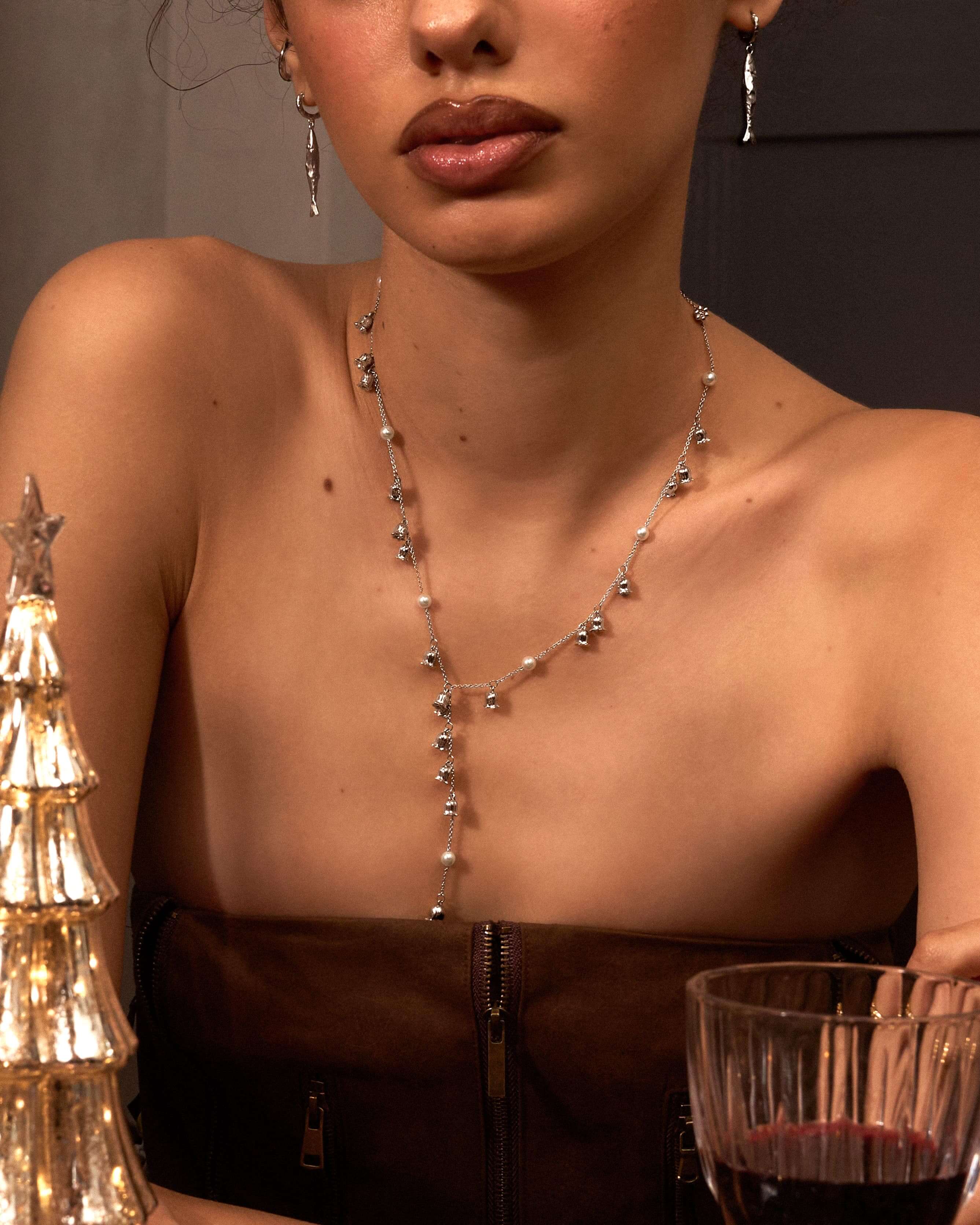 Lily of the Valley Pearl Lariat Necklace in Silver - Image 2