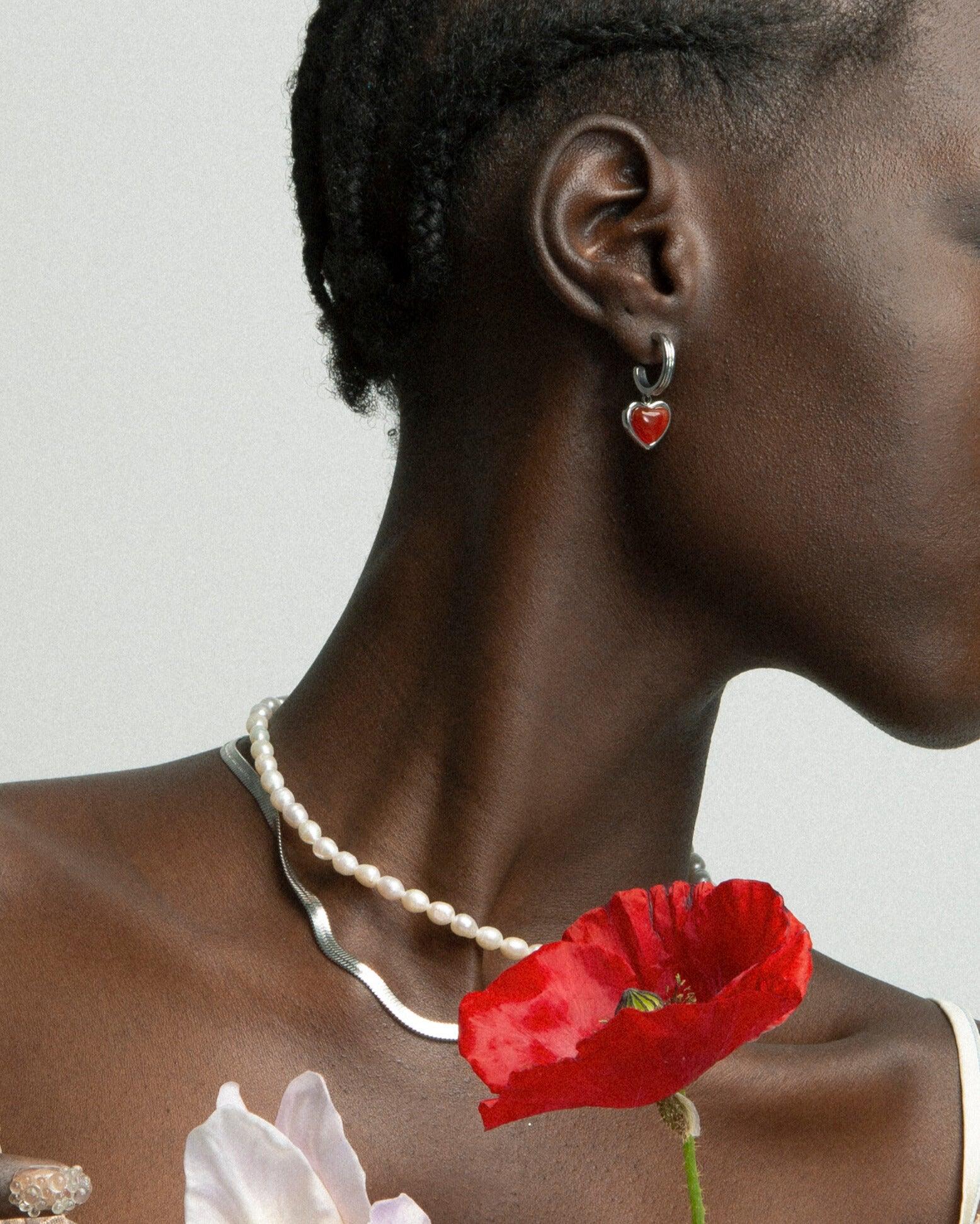 Silver Carnelian Stone Hoop Earrings - Image 2